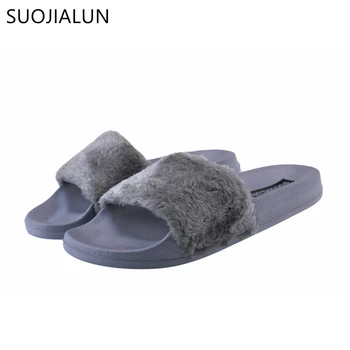 

SUOJIALUN Womens Slippers Spring Autumn Fluffy Women Open Toe Slip On Sliders Fur Flat Female Casual Slipper Flip Flop Sandal