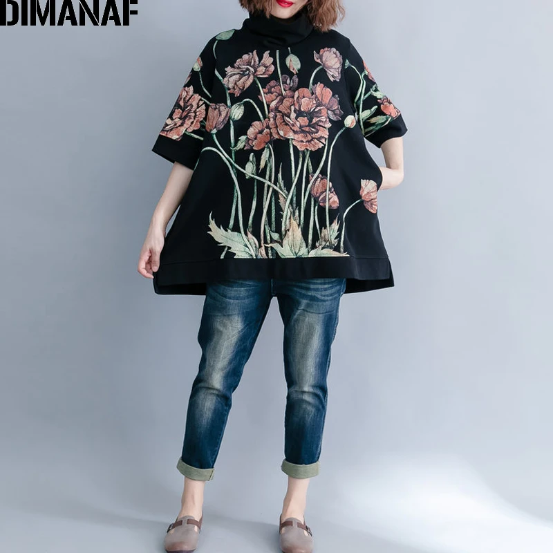 DIMANAF Women Hoodies Sweatshirts Plus Size Tops Black Female Turtleneck Pullover Autumn Thinken Co