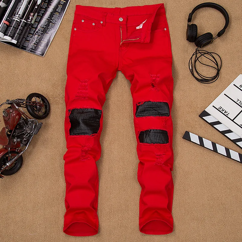 2016 Plus Size Red Mens Ripped Holes Skin Stretchy Jeans Casual Denim Pants Punk Style HX4