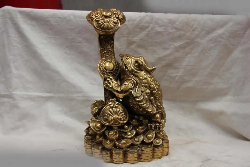 

Chinese Folk Copper Bronze Fengshui Wealth YuanBao Coin Three-legged RuYi Toad