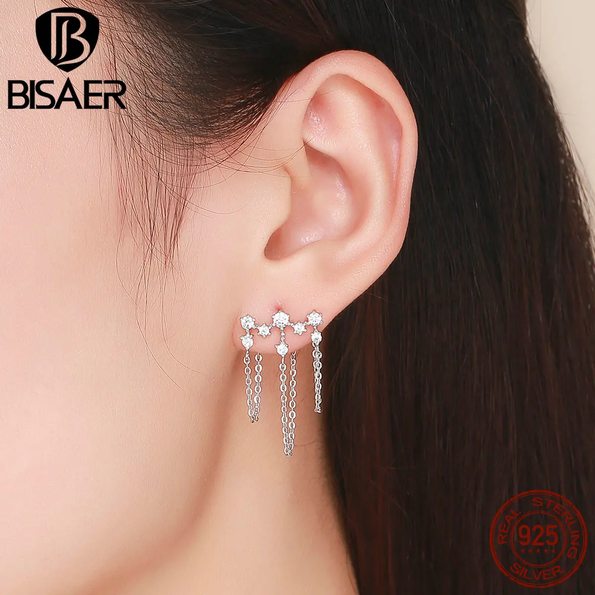 

BISAER 100% 925 Sterling Silver Long Chain Geometric Star Clear Zircon Drop Earrings for Women Sterling Silver Jewelry ECE546