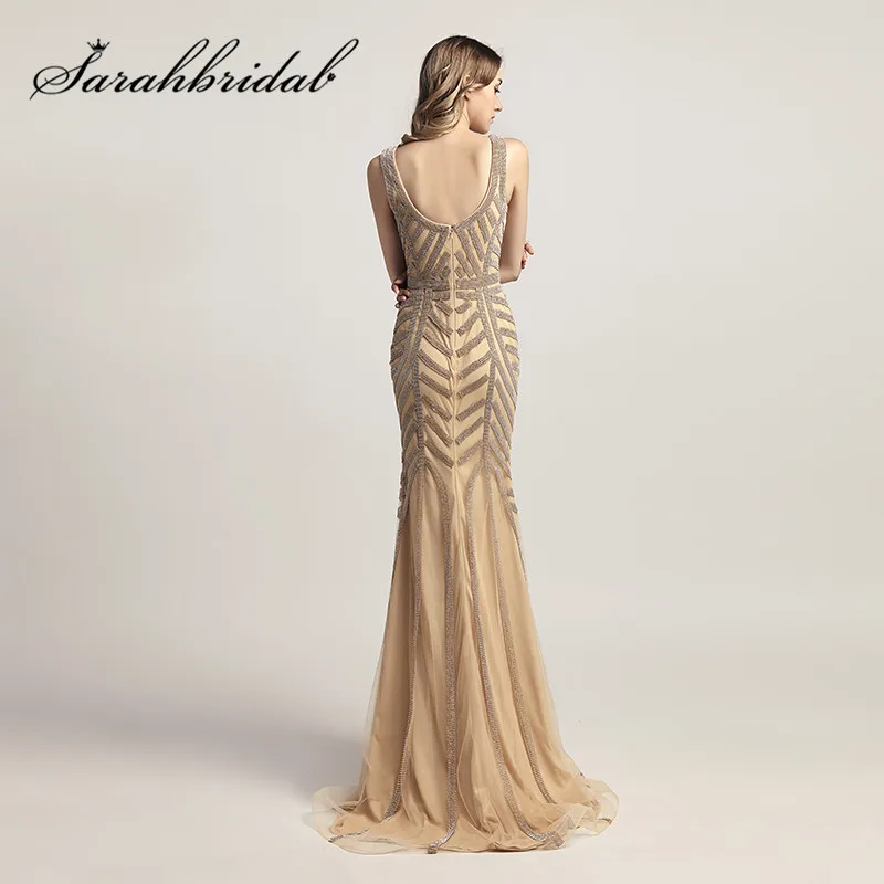 Mermaid Formal Evening Dresses Long Sexy V Neck Cap Sleeves Stunning Beading Crystals Backless Prom Party Gowns CC476