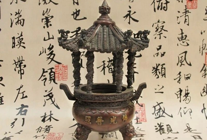 

China folk Classic Bronze Kylin Six spiral Dragon Pillar Buddhism Incense Burner a 0518