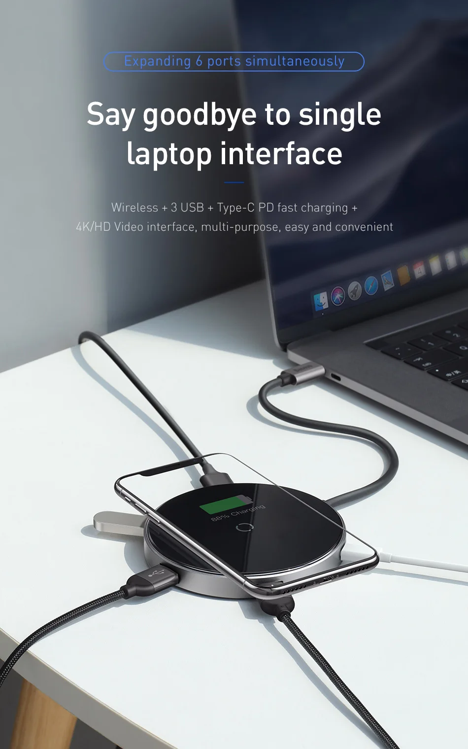 Baseus концентратор USB type c к HDMI 4k USB 3,0 концентратор type-c PD адаптер питания для MackBook Pro Air Qi Беспроводное зарядное устройство USB-C разветвитель