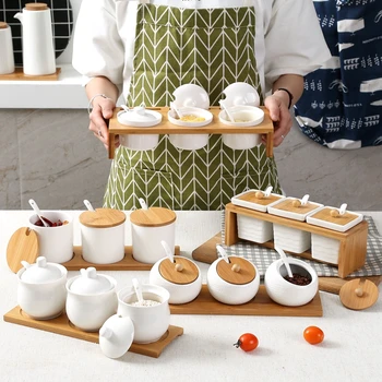 

Simplicity Ceramic Sugar Bowl Home Kitchen 3 In 1 Set Salt Condiment Pot Jars With Small Spoon