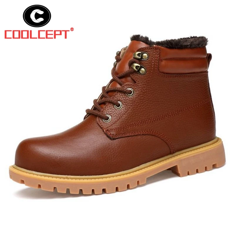 Coolcept Concise Men Real Leather Thick Fur Boots Lace Up Keep Warm Ankle Winter Outdoor Shoes Male Footwear Size 36-48 | Обувь