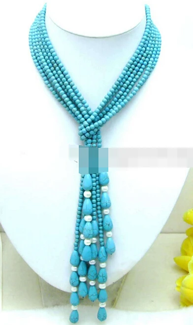 

Jewelr 004833 SALE LONG 45" NOBLEST 4mm Round light blue TURQUOISE 3 STRANDS NECKLACE