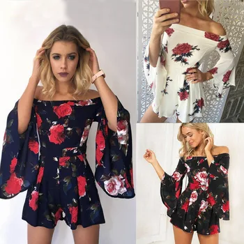 

Bohemian Off Shoulder Floral Print Women Playsuits Rompers Spring Summer Beach Sexy Short Jumpsuit Flare Sleeve Elegant Overalls