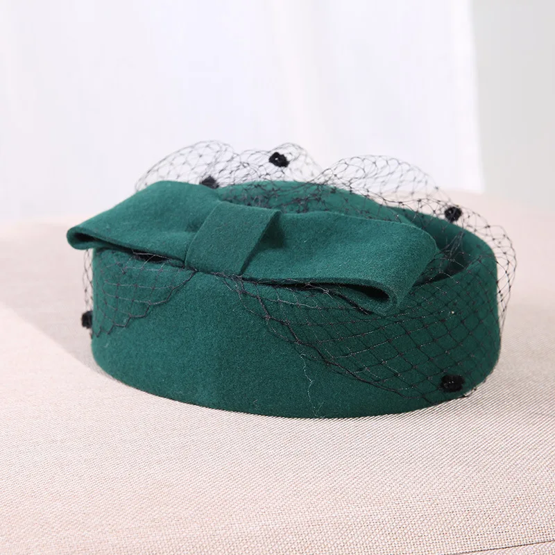 Зимние вечерние женские шапки-береты с вуалью, коктейльное платье, головной убор, фетровая шляпа для леди из австралийской шерсти - Цвет: dark green