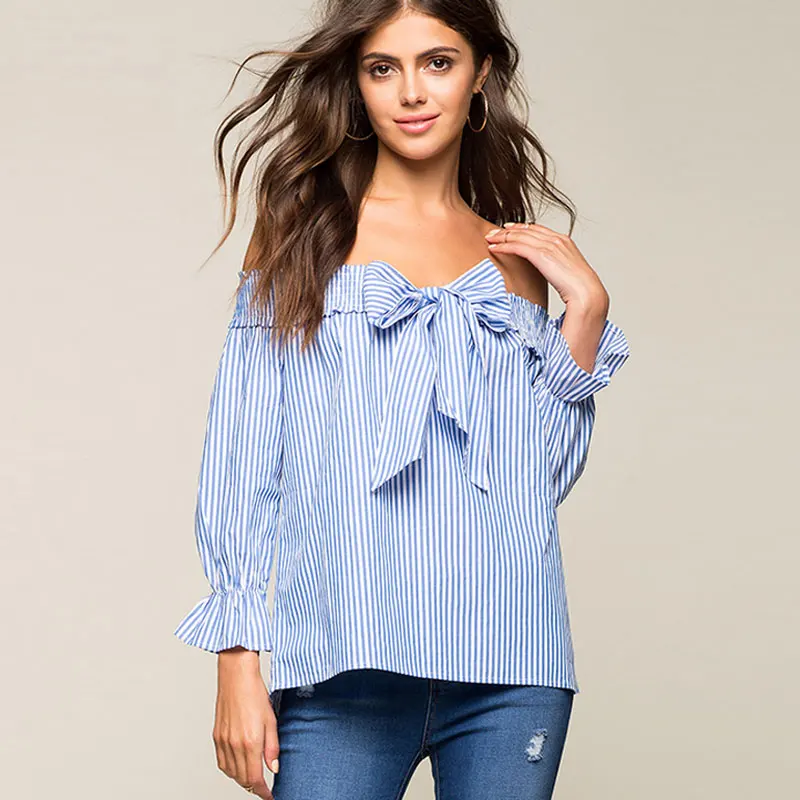 2017 Summer Women Sexy Strapless Blue and White Striped Shirt Bownot ...