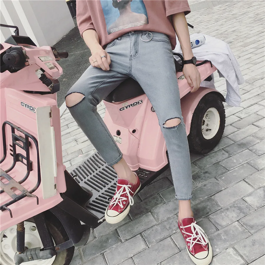 Высокое качество 2020 Весна Лето Повседневные однотонные тонкие дырки до колена