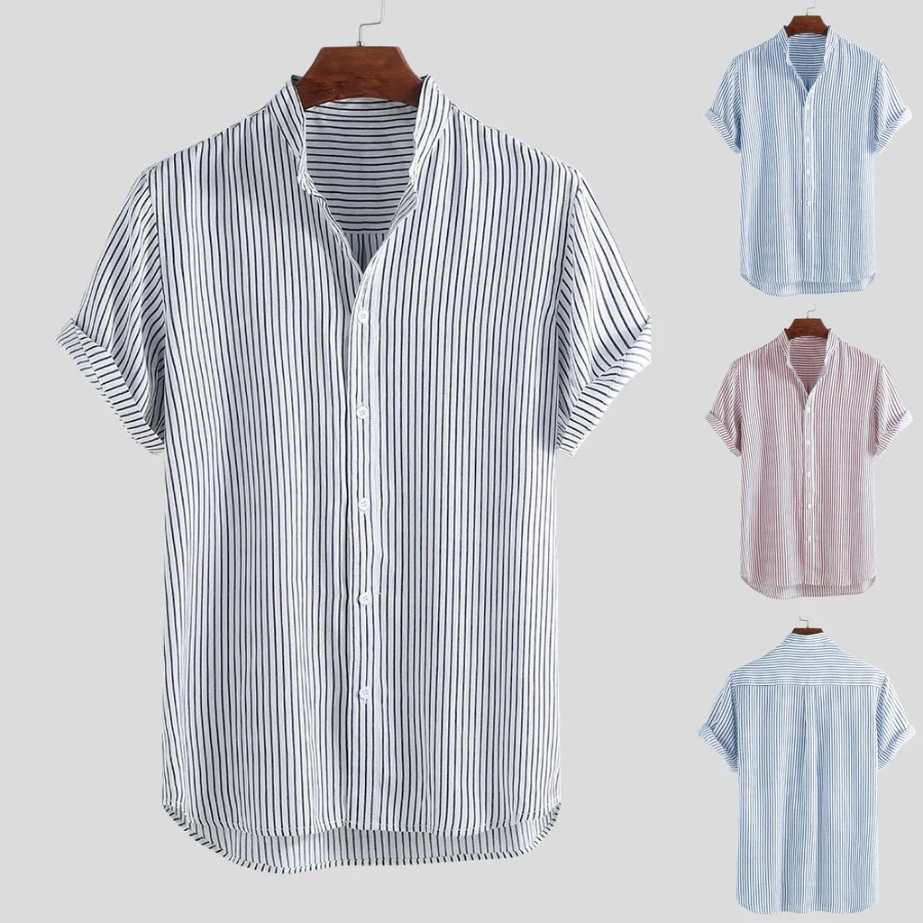 Мужская рубашка со стоячим воротником, в полоску, летняя, с коротким рукавом, свободная, на пуговицах, Повседневная рубашка, блуза, летняя мужская одежда