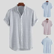 Мужская рубашка со стоячим воротником, в полоску, летняя, с коротким рукавом, свободная, на пуговицах, Повседневная рубашка, блуза, летняя мужская одежда