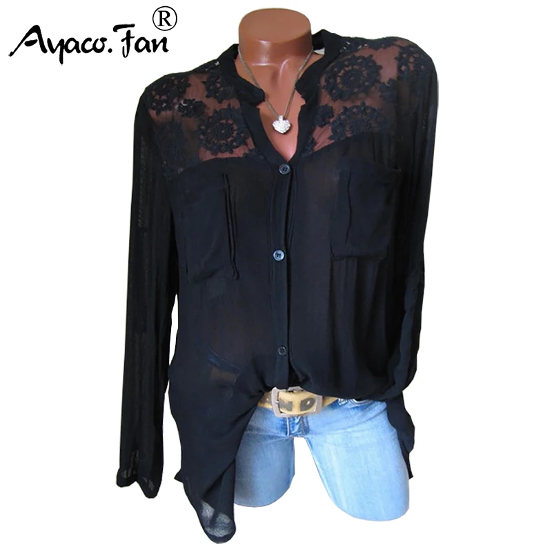 

Plus Size 5XL Blusas Mujer De Moda 2019 Summer New Women Lace Patchwork Blouse Sexy Black Long Sleeve Shirt Tops Women Blouses