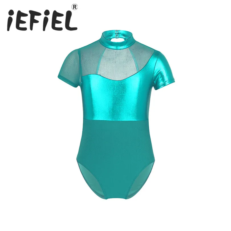 

Kid Girls Children Dance Class Exercise Ballet Clothes Metallic Mesh Splice Cutout Back Ballet Dance Gymnastics Leotard Jumpsuit