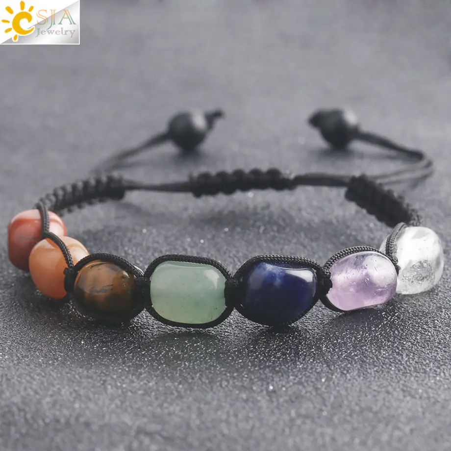 CSJA 7 Chakras Bracelets Reiki Natural Stone Braided Women Bracelet Healing Irregular Bead Handmade String Rope Adjustable G022