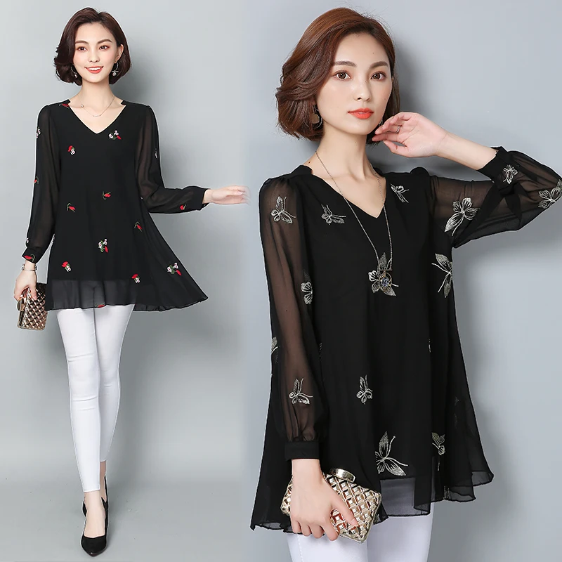 Moda 2019 Plus Ropa 4xl De Blusa Mujeres Top Xxxl Primavera chili Larga Elegante Cuello Gasa Camisa 5xl Con Manga Invierno Tamaño La butterfly V En Blue Yiciya Butterfly Las Black Black Negro OBwqZxHX