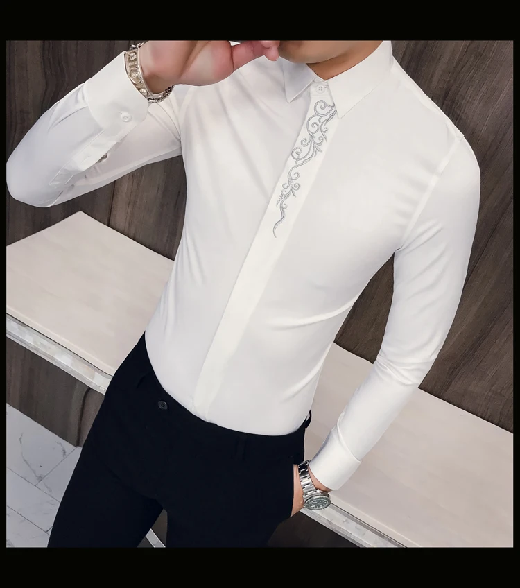 Весенняя вышитая приталенная рубашка с длинным рукавом для мужчин, Клубная рубашка для выпускного вечера, Camisa Masculina, роскошная Корейская мужская рубашка Kemeja Pria