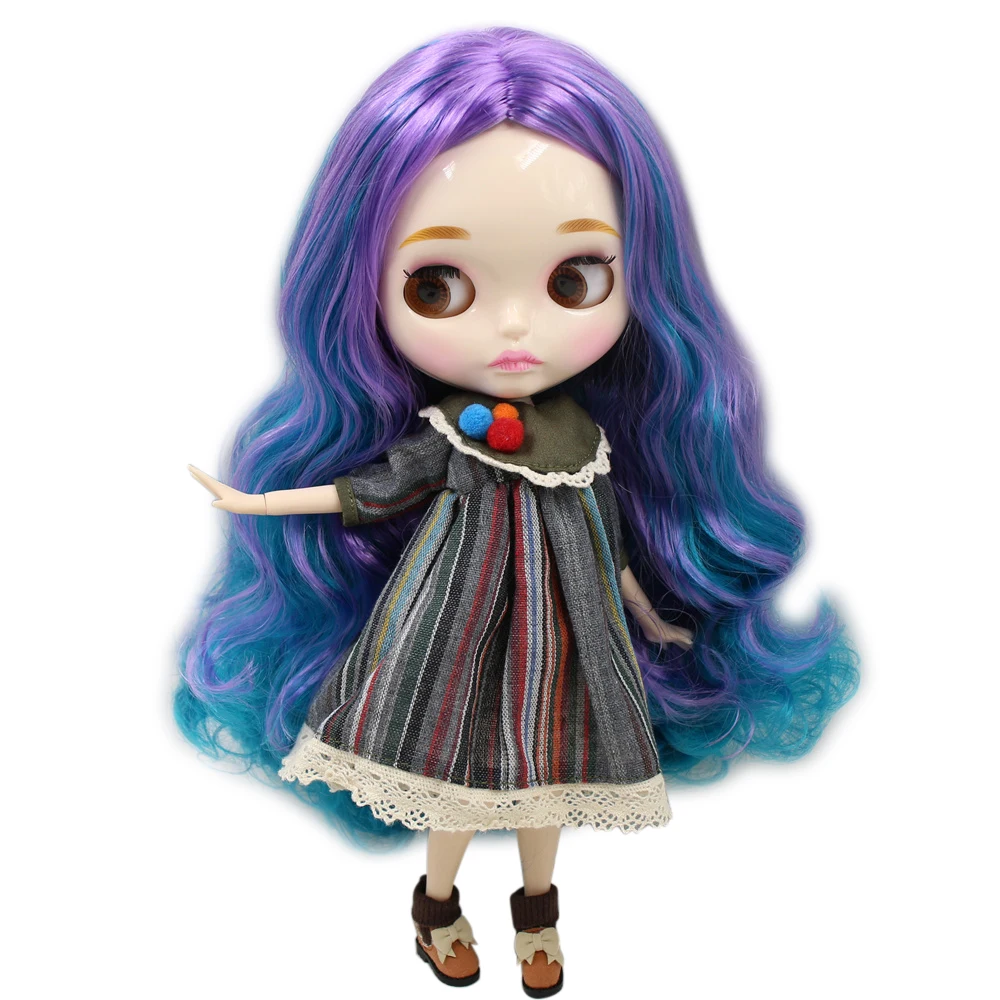 

ICY Nude Factory Blyth doll No.280BL4302/7216 Purple mix Cyan hair JOINT body White skin carves lips face with eyebrow Neo BJD