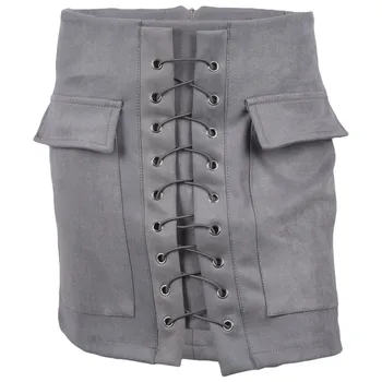 

Women's Spring Autumn Suede Leather Women Skirt Lace Up Vintage High Waist Preppy Pocket Tight Suede Lace Up Skirt Bodycon Ban