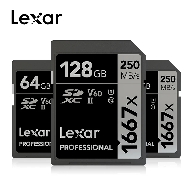 Оптом и продажи, оригинальные Lexar читать 250 МБ/с. 1667x SD Card 64 Гб 128 256 SDXC UHS-II U3 флэш-карта памяти для 3D 4K цифровой Камера