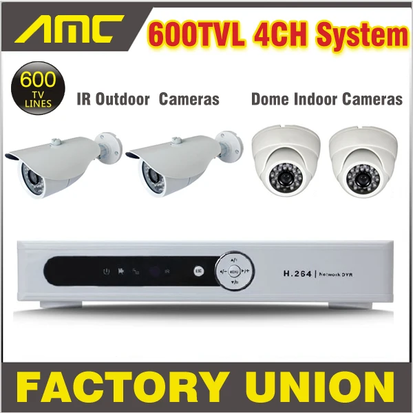 600TVL Outdoor + Dome Cameras Surveillance Security CCTV System 4CH Channel CCTV Kit 4 Camera 4 Channel DVR Recorder CCTV System