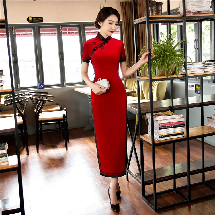 Вышивка cheongsam китайский стиль красный винтаж с длинным рукавом традиционное платье бархат qipao платье для женщин зима