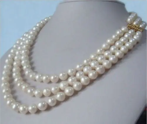 

Free Shipping >>>>> triple strands 8-9mm natural south seas white pearl necklace18inch14K