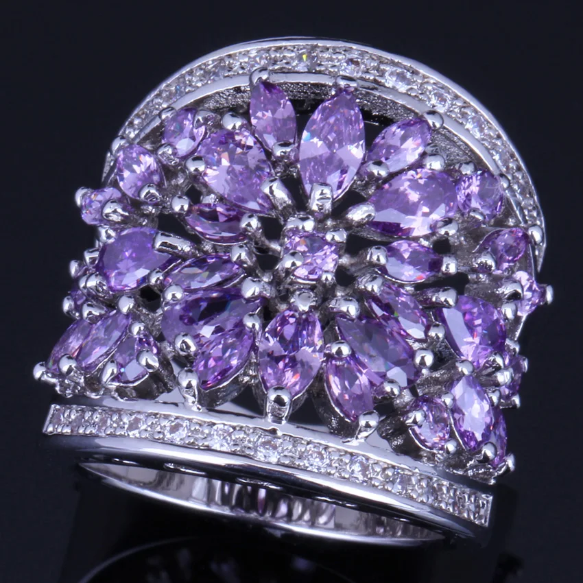 

Magnificent Huge Purple Cubic Zirconia White CZ 925 Sterling Silver Ring For Women V0160