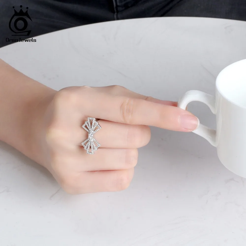 ORSA JEWELS Ring For Women Bowknot Big 24 MM Width Rings Romantic Style Engagement Party Original Silver Color Jewelry OR168