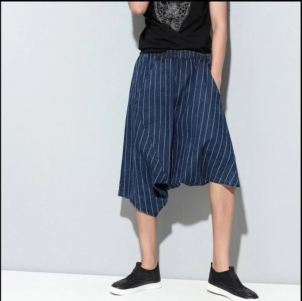Корейские новые полосатые брюки-кюлоты, повседневные брюки, мужские брюки, длина до икры, Висячие штаны-шаровары, брюки для певиц
