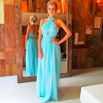 

Sexy A line Halter Backless Chiffon vestido de festa A line Halter bridesmaid dresses Long robe de soiree Prom Dresses