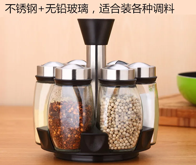 

Hot 7Pcs/Set Rotating Stainless Steel Glass Cruet Condiment Spice Jars Set Salt Pepper Shakers Seasoning Sprays Dropshipping