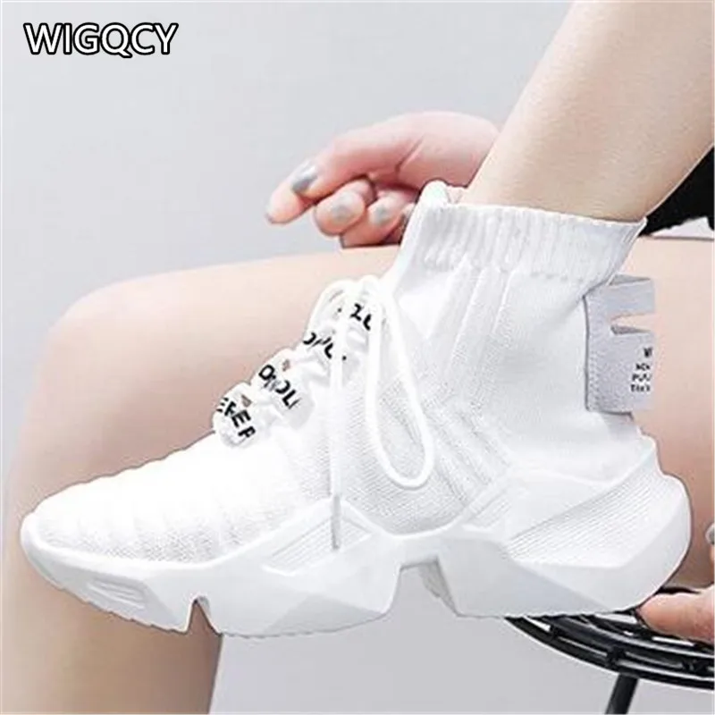 WIGQCY Новинка весны, летом и осенью, сапоги на толстой подошве, ткачество повседневная женская обувь на плоской подошве из дышащего материала Носки обувь Y178
