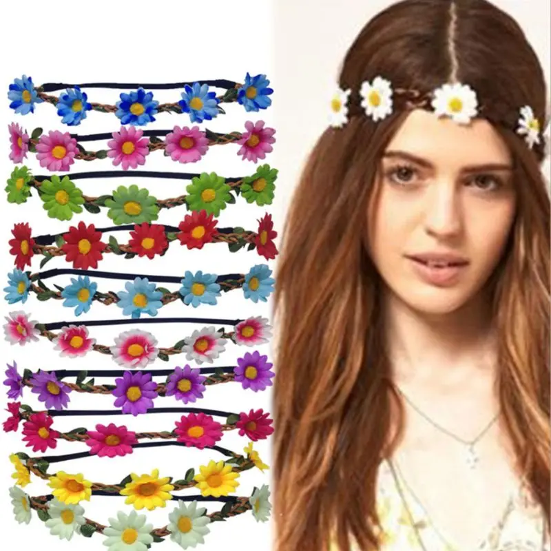 

14 Colors Women Girl Beach Holiday Headband Artificial Daisy Sunflower Colored Hairband Stretchy Rubber Band Wedding Photo Props