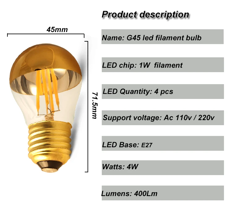 Ламба декоративная светодиодная лампа накаливания без тени E27 G45 с полузолотым верхом, 4 Вт, 110 В, 220 В, диммер, 2700 к, светильник с регулируемой яркостью, настольные лампы