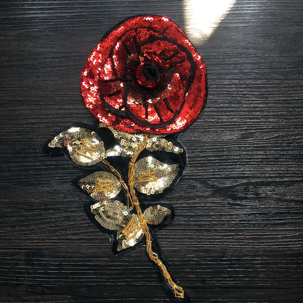 

1PCS 3D Sequin Big Red Rose Applique Patches with Gold Sequins Leave Embroidery Fabric DIY Fashion Patches for Clothing LSHB009
