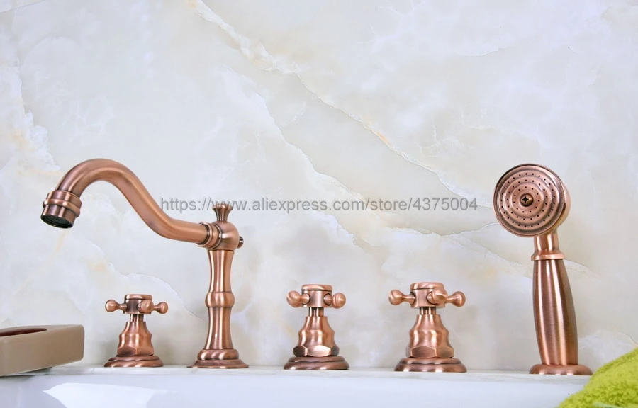 Antique Red Copper Deck Mounted 3 Handles Bathroom Tub Faucet 5 Holes Hand Shower Sink Mixer Tap Ntf222