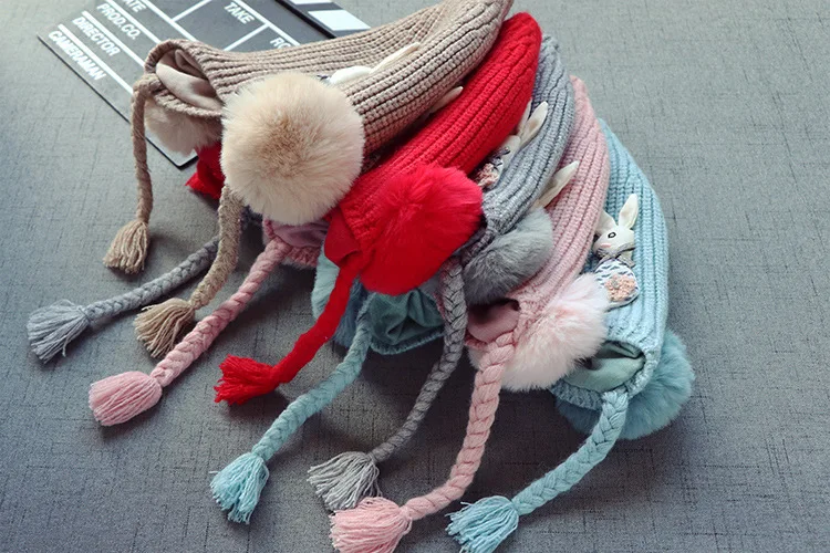 New Autumn And Winter Baby Hats  Wool Earmuffs Knitted Plush Children's Hat With Cute Rabbit 3 Months -2 Years Old GCG55 (1)