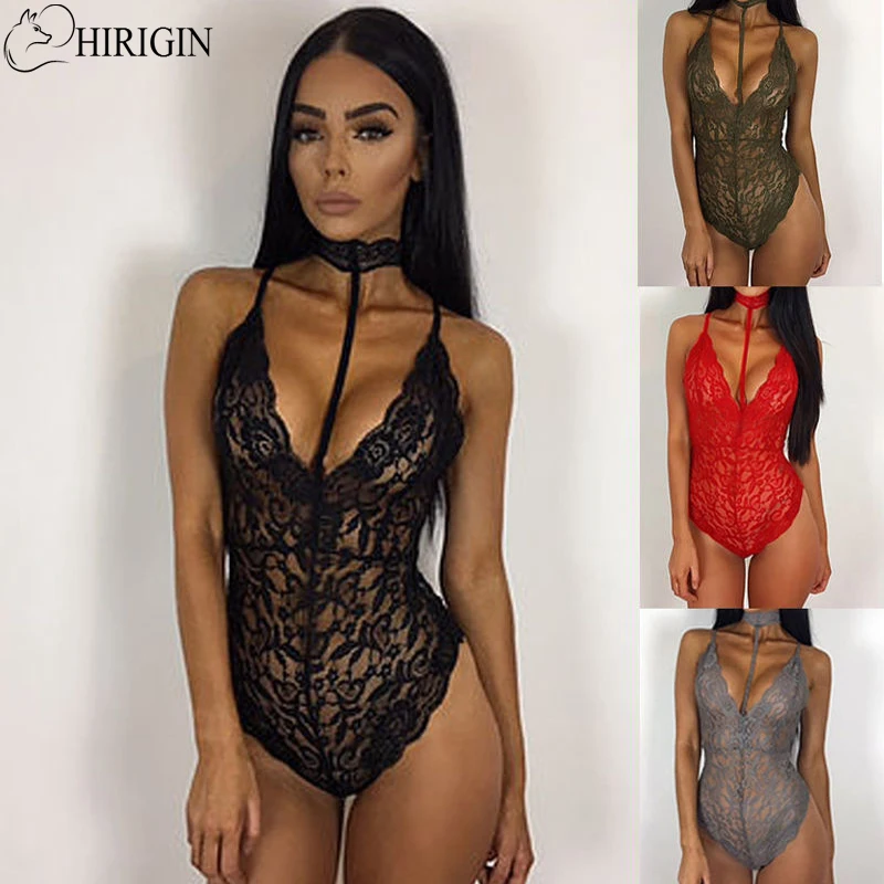 

HIRIGIN Women Deep V Neck With Lace Choker Bodysuit Sexy Lingerie Underwear Babydoll Sleepwear Slim Hollow Halter Playsuit