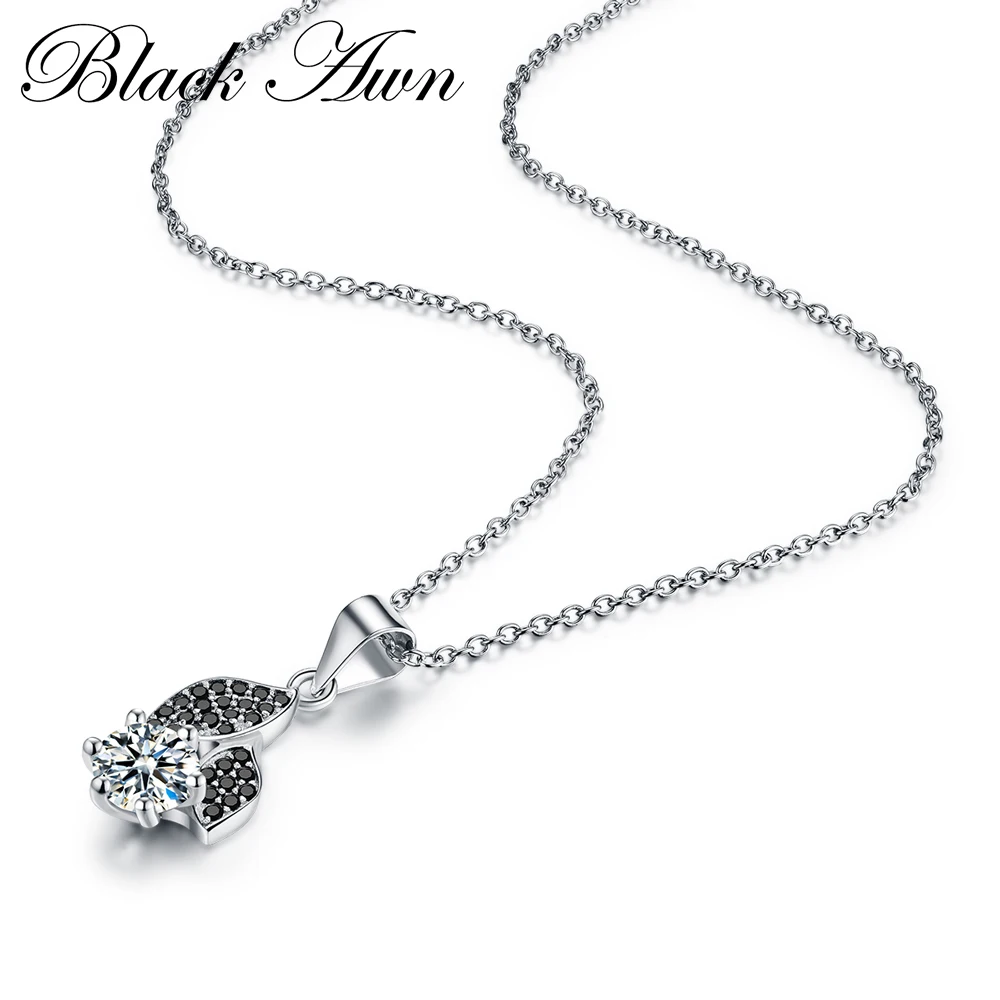 [BLACK AWN] Classic Silver Color Jewelry Flower Black Spinel Women's Necklaces Pendants P145