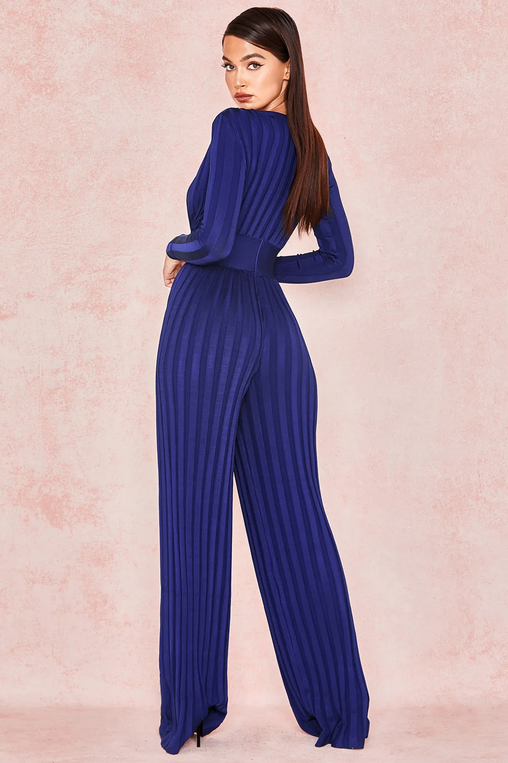 High Quality Deep Blue Long Sleeve V-neck Rayon Bandage Jumpsuit Sexy Evening Party Jumpsuit (1)