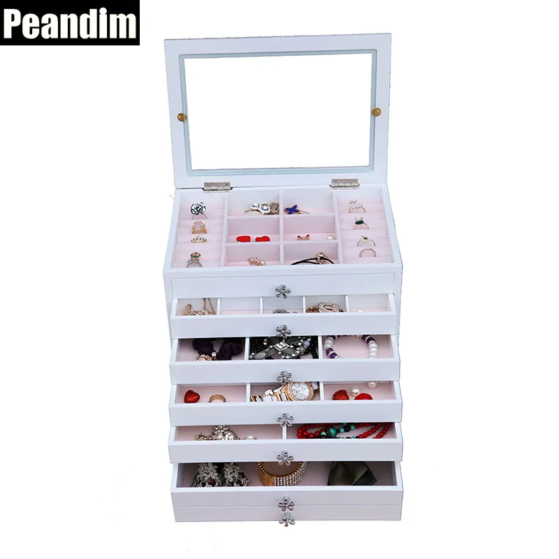 PEANDIM Modern Style Five Drawers Wooden Storage Box Jewelry Watch Storage Organizer Window Mirror Cosmetic Lipsticks