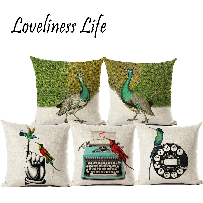New Nordic Funny Hummingbird Cotton Linen Quote Cushion Cover Romantic Valentine Day Gift Peacock Throw Pillow Almofadas | Дом и сад