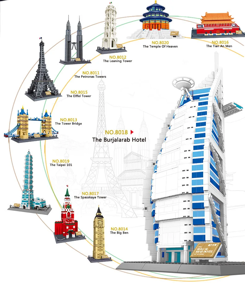 Большие строительные наборы кубиков, наборы моделей 758 шт., серия architecture, детские развивающие игрушки 8016