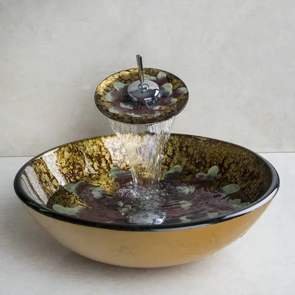 

Round Tempered Glass Vessel Sink With Bathroom Faucet ,Pop - Up Drain And Mounting Ring Glass Sink Faucet Set VD4213-1