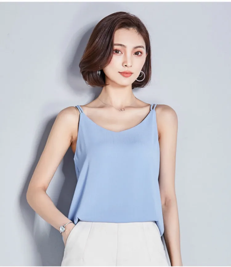 BOoDinerinle с синими бретельками Camisole двухслойные шифоновые Повседневные женские майки, топы Лето Плюс Размер v-образным вырезом Топ без спины