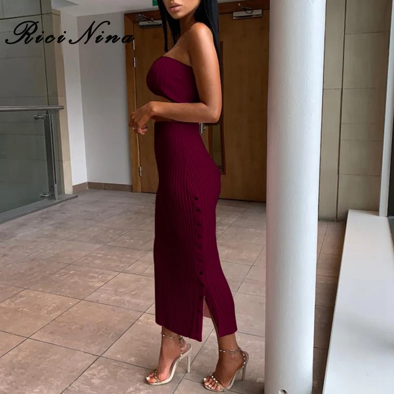 RICININA New Women Sexy Dress Womens Strapless Buttons Tracksuit Two Pieces Set Woman Bodycon Party Long Slit Dress Vestidos RICININA New Women Sexy Dress Womens Strapless Buttons Tracksuit Two Pieces Set Woman Bodycon Party Long Slit Dress Vestidos