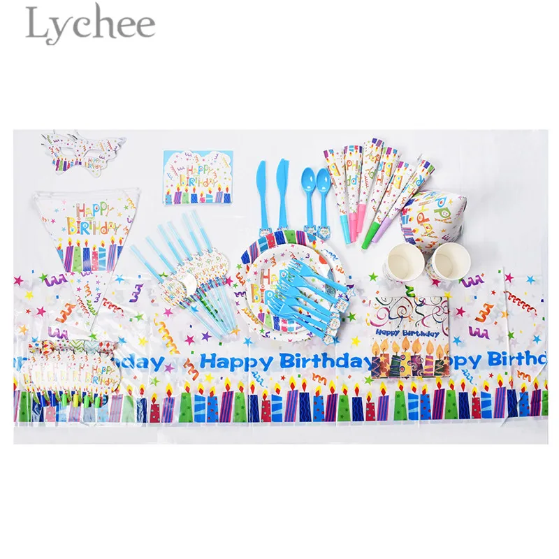 

Lychee Happy Birthday Disposable Tableware Sets Colorful Paper Cups Plates Dinnerware Birthday Party Supplies