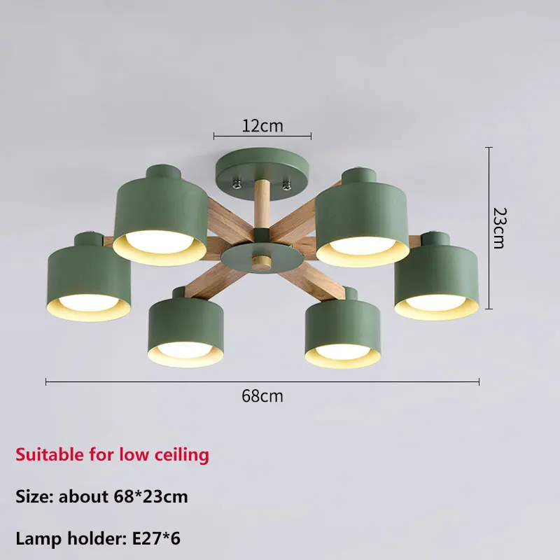 Деревянная люстра для прихожей освещение Скандинавская люстра с железным абажуром для гостиной современные деревянные люстры 90-260 в комплекте лампа - Цвет абажура: 6 light low green